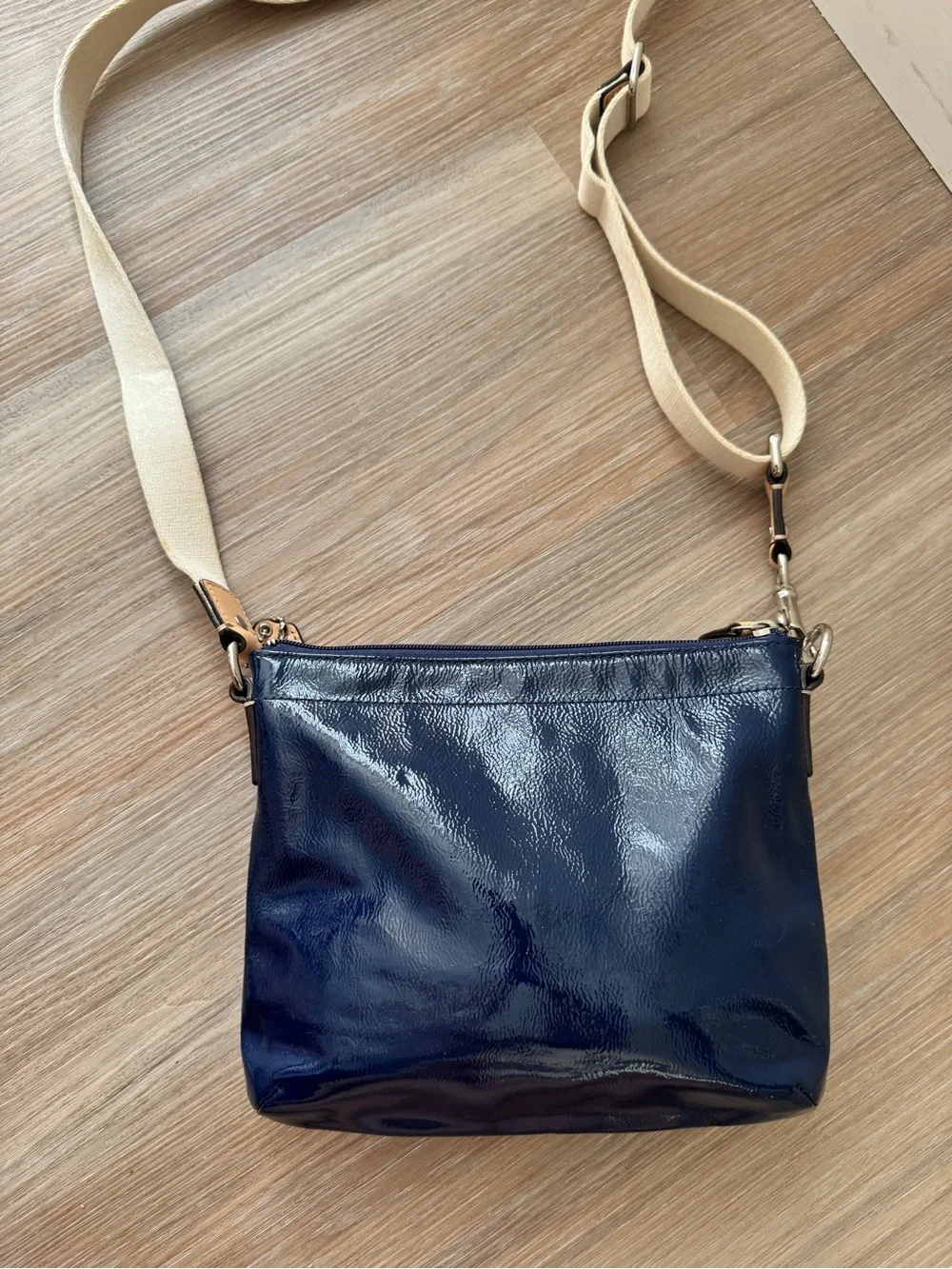 Coach Navy Patent Leather Crossbody with Tan Trim and Canvas Strap preppy